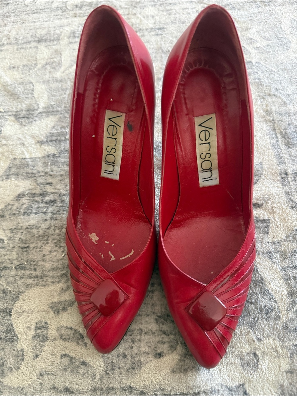 Vintage Versani Red Pointed Toe Women's Heels with Decorative Square Accent